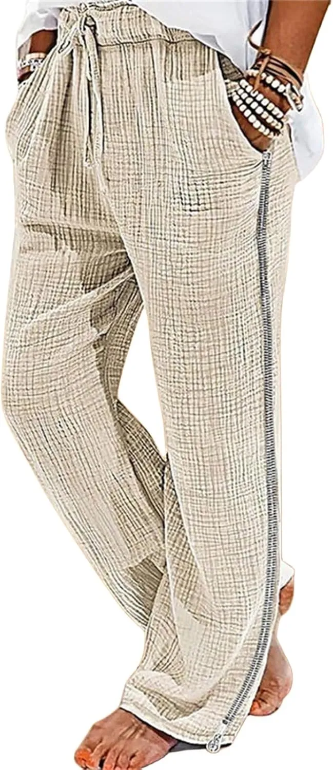 Men's Casual Linen Pants Elastic Waist Drawstring Fit Wide Leg Pants Lightweight Lounge Pants with Pockets