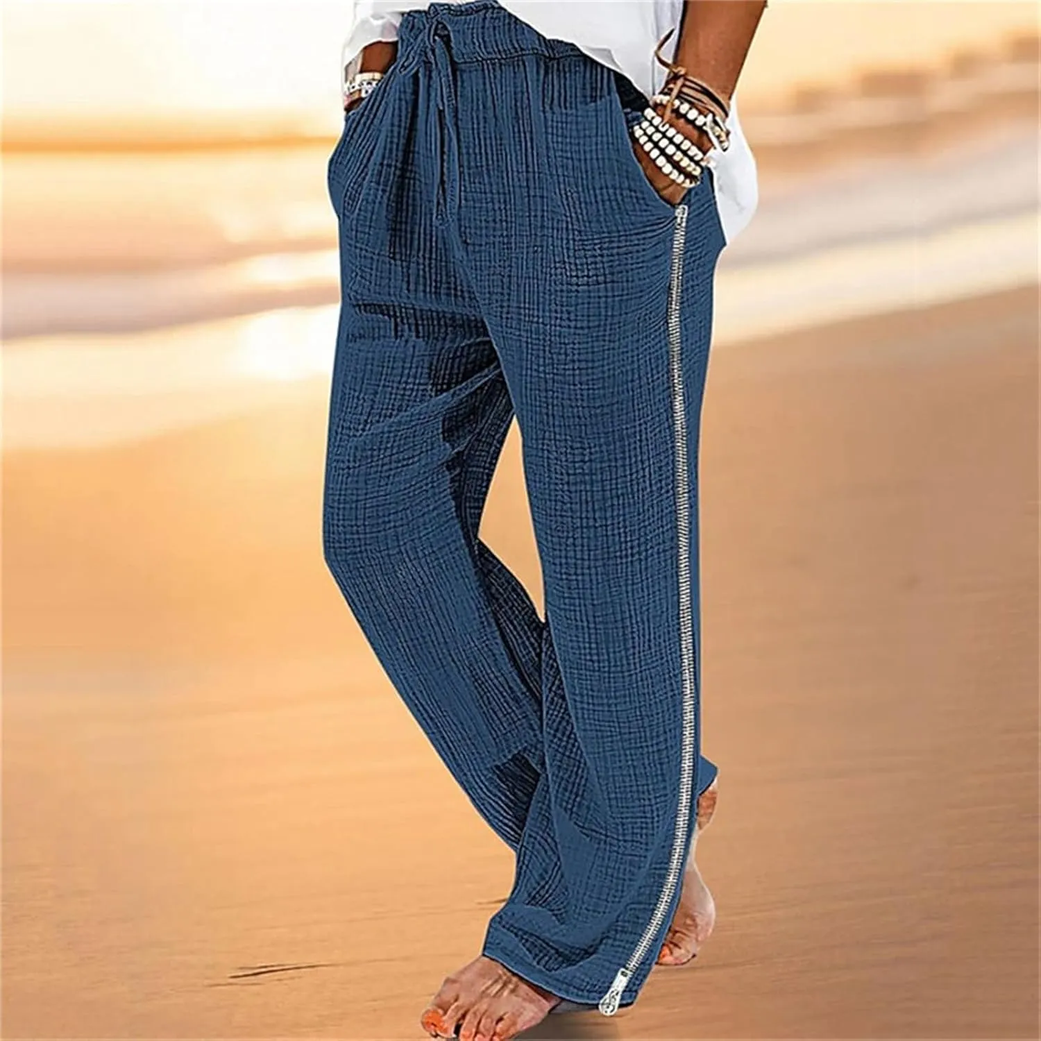 Men's Casual Linen Pants Elastic Waist Drawstring Fit Wide Leg Pants Lightweight Lounge Pants with Pockets