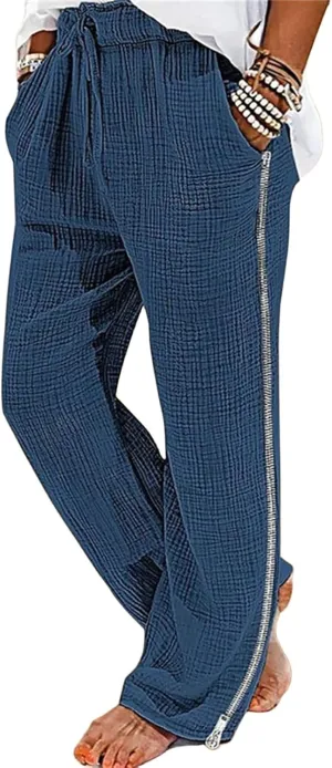 Men's Casual Linen Pants Elastic Waist Drawstring Fit Wide Leg Pants Lightweight Lounge Pants with Pockets