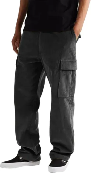 Mens Corduroy Cargo Pants Straight Leg Drawstring Joggers Casual Vintage Trousers Multi Pockets Loose Work Pants