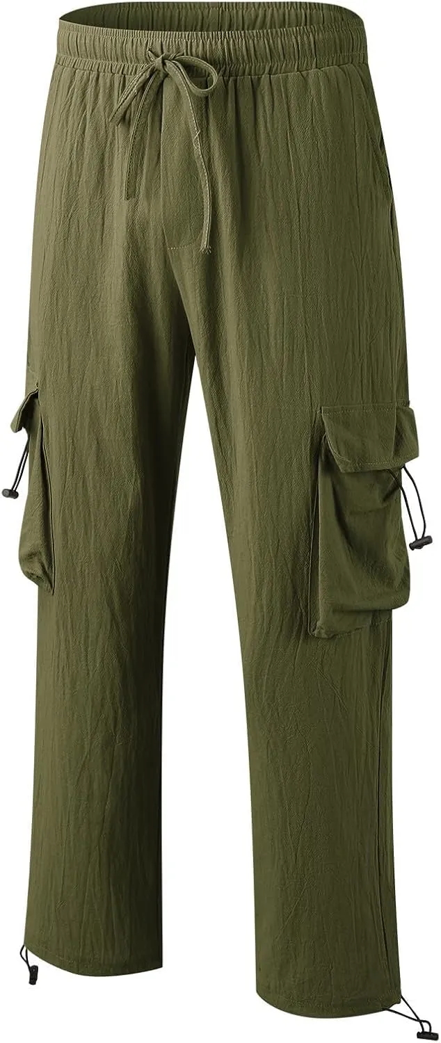 Men's Cotton Linen Cargo Pants Elastic Waist Drawstring Multi-Pockets for Sports Hiking Casual Summer Wear