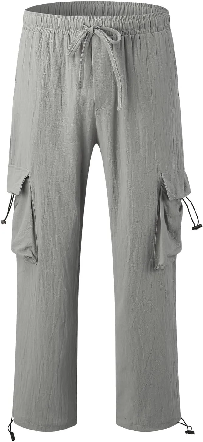 Men's Cotton Linen Cargo Pants Elastic Waist Drawstring Multi-Pockets for Sports Hiking Casual Summer Wear