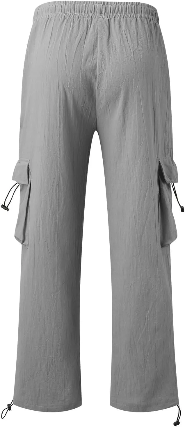 Men's Cotton Linen Cargo Pants Elastic Waist Drawstring Multi-Pockets for Sports Hiking Casual Summer Wear