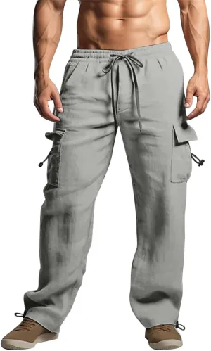 Men's Cotton Linen Cargo Pants Elastic Waist Drawstring Multi-Pockets for Sports Hiking Casual Summer Wear