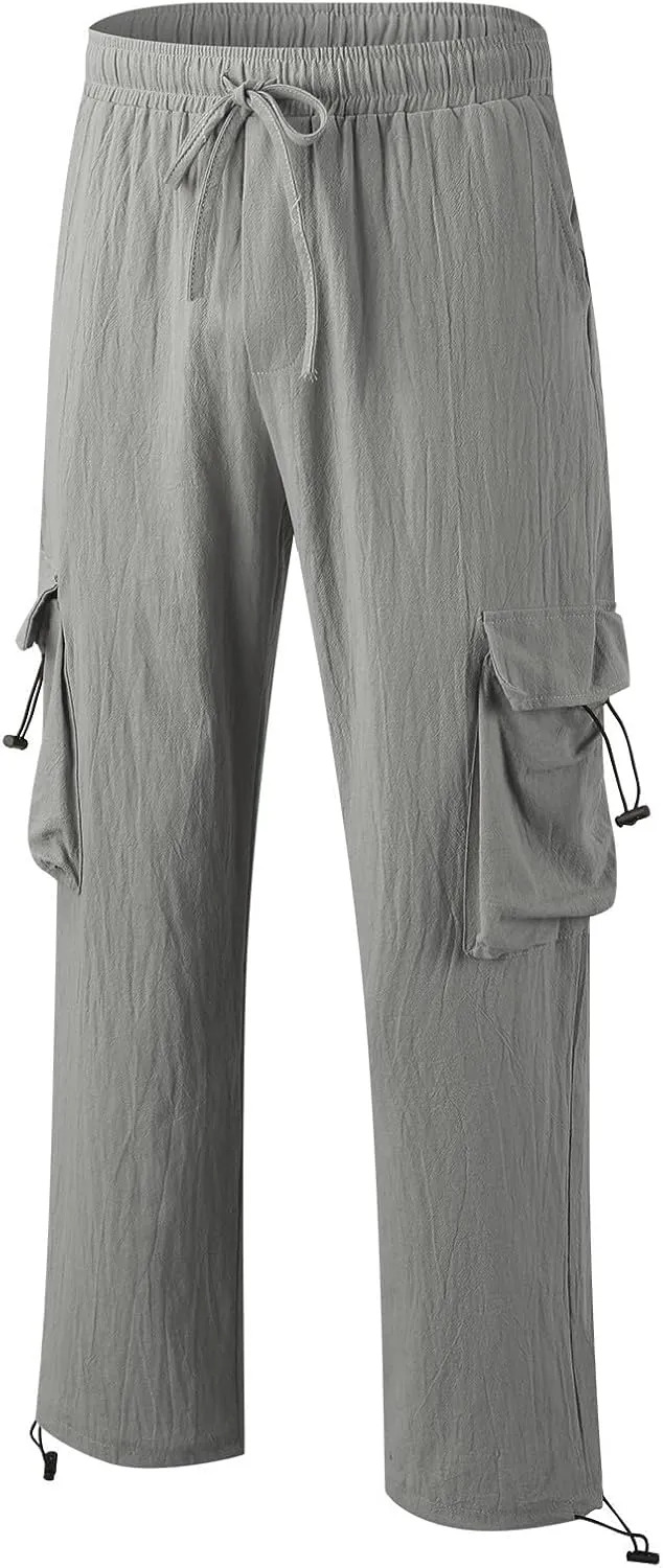 Men's Cotton Linen Cargo Pants Elastic Waist Drawstring Multi-Pockets for Sports Hiking Casual Summer Wear