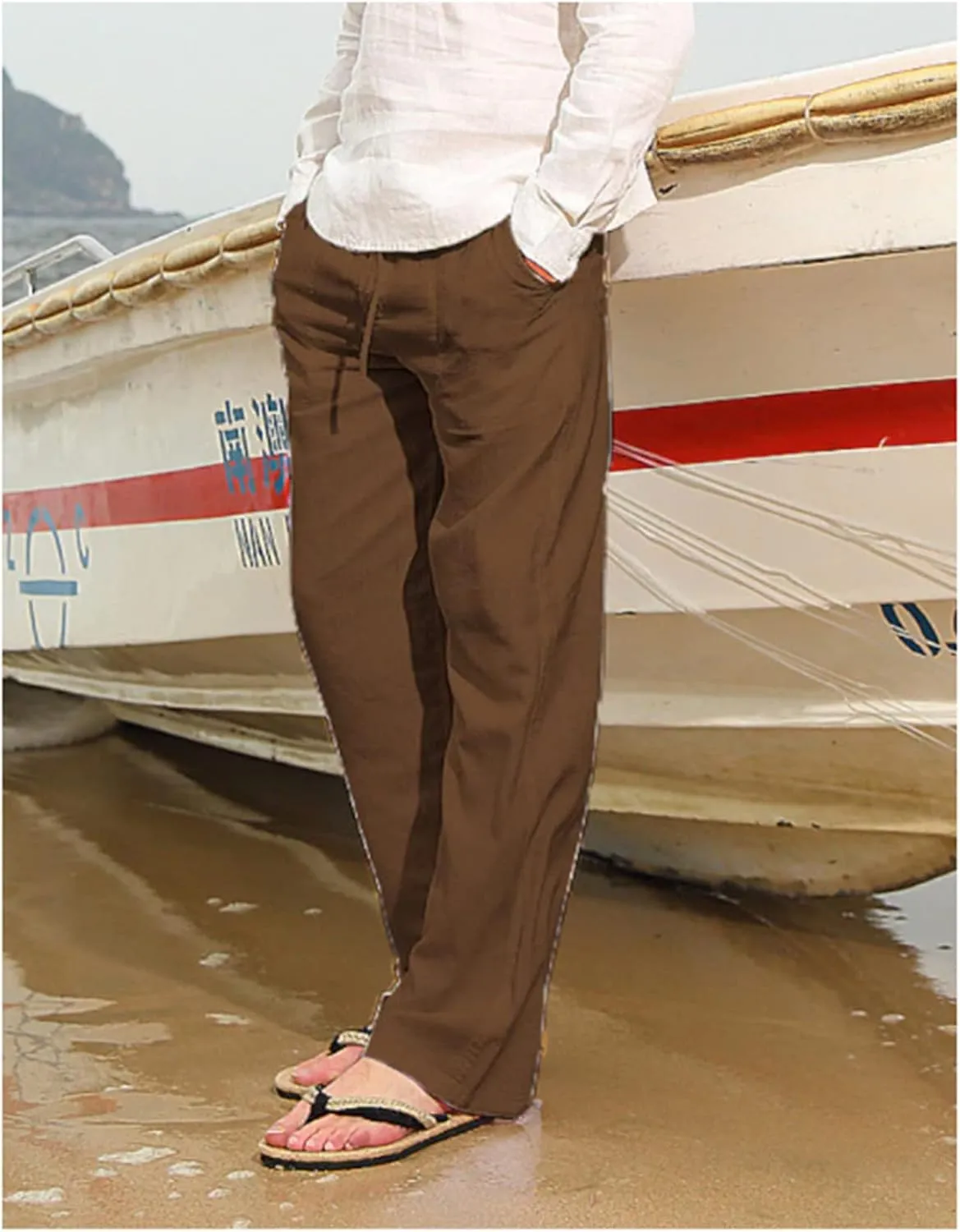 Men's Cotton Linen Pants Drawstring Joggers Yoga Pants Elastic Waist Lightweight Baggy Casual Beach Pants for Summer