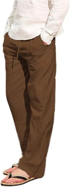 Men's Cotton Linen Pants Drawstring Joggers Yoga Pants Elastic Waist Lightweight Baggy Casual Beach Pants for Summer