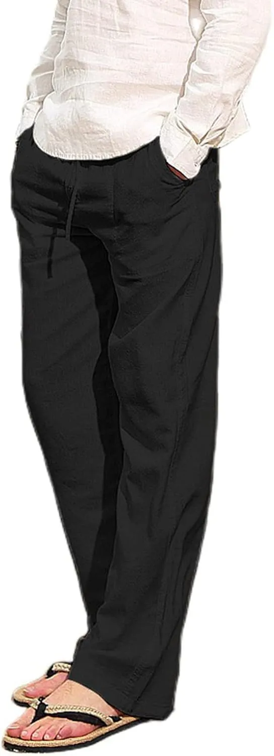 Men's Cotton Linen Pants Drawstring Joggers Yoga Pants Elastic Waist Lightweight Baggy Casual Beach Pants for Summer