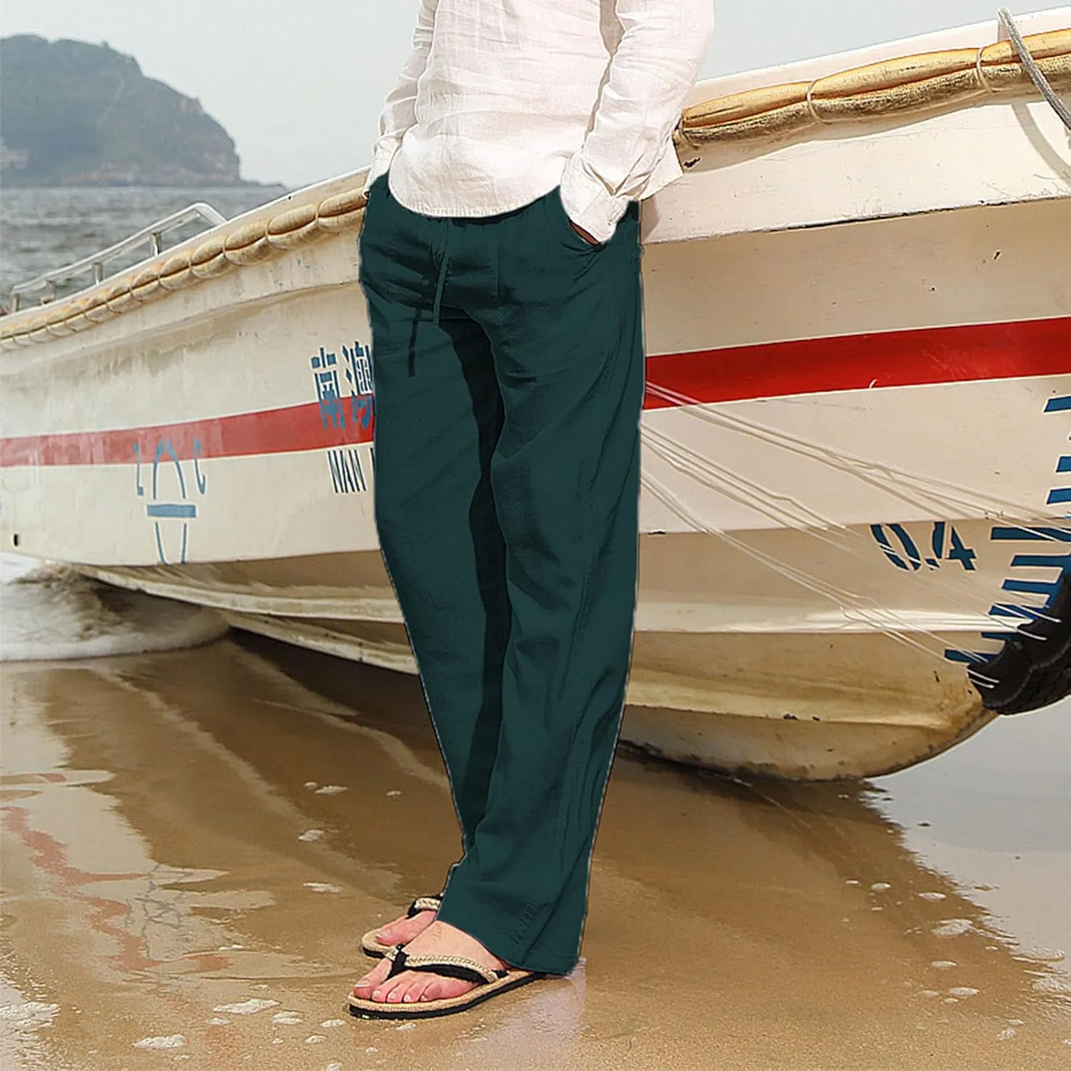 Men's Cotton Linen Pants Drawstring Joggers Yoga Pants Elastic Waist Lightweight Baggy Casual Beach Pants for Summer