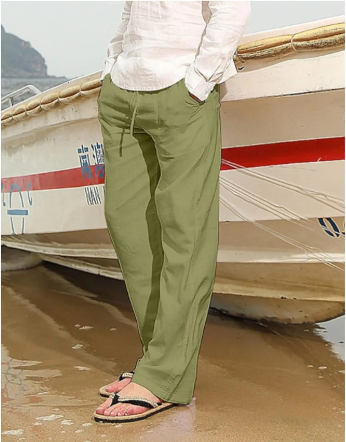 Men's Cotton Linen Pants Drawstring Joggers Yoga Pants Elastic Waist Lightweight Baggy Casual Beach Pants for Summer