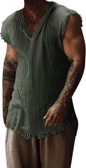 Men's Cotton Linen Shirts Big and Tall Sleeveless Workout Tank Tops Breathable Quick Dry Summer V Neck Gym Fitness Tee