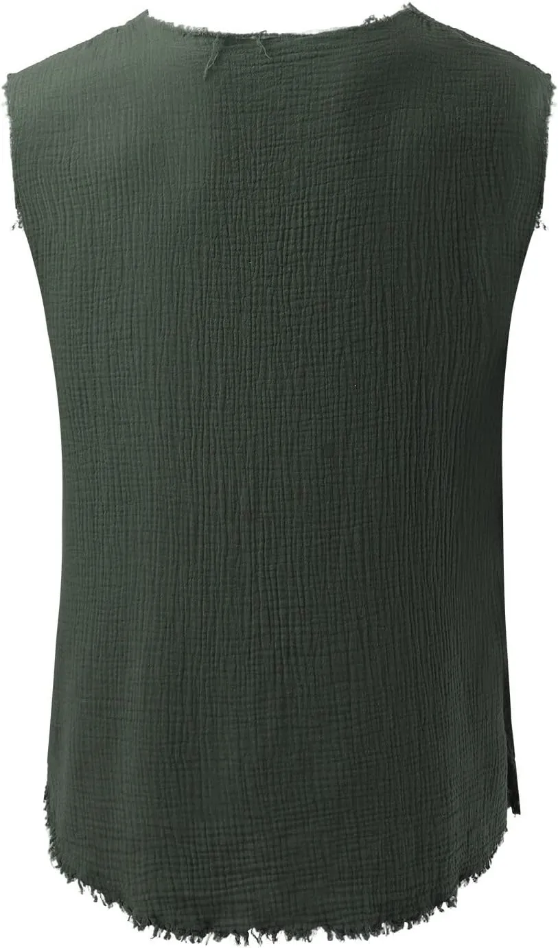 Men's Cotton Linen Shirts Big and Tall Sleeveless Workout Tank Tops Breathable Quick Dry Summer V Neck Gym Fitness Tee