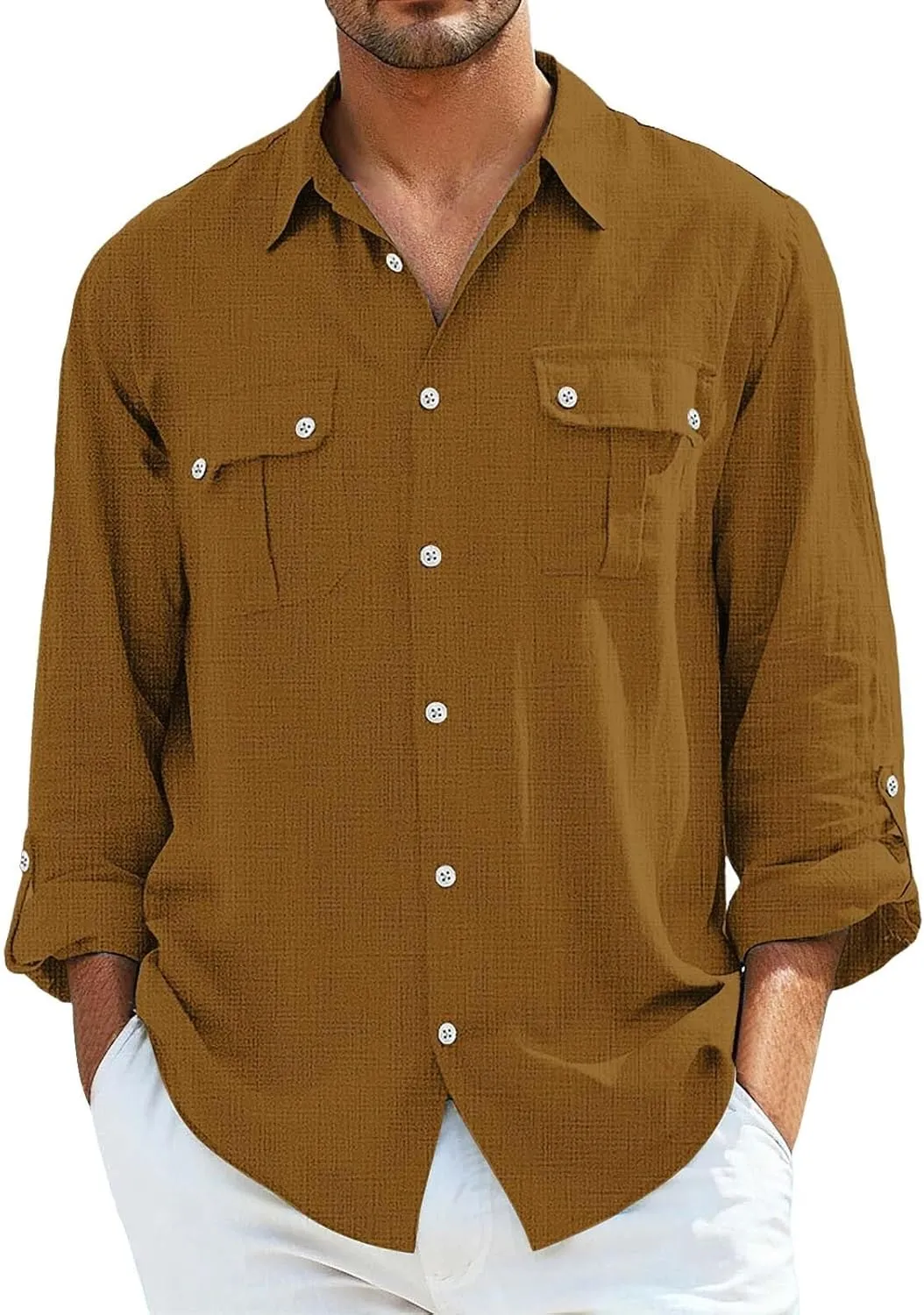 Men's Cotton Linen Shirts Retro Multi-Pockets Lapel Long Sleeve Workwear Breathable Quick Dry Summer Tropical Tops