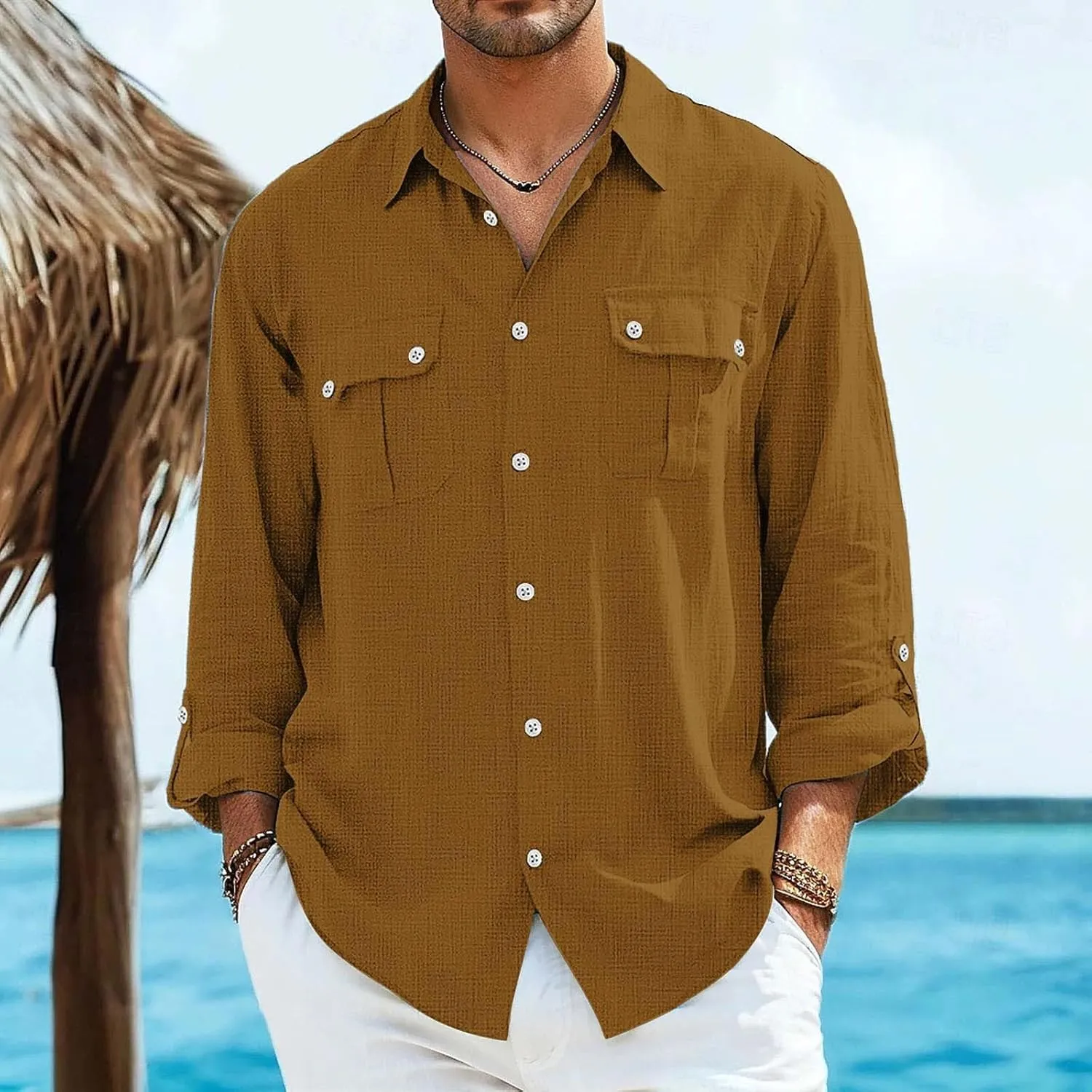 Men's Cotton Linen Shirts Retro Multi-Pockets Lapel Long Sleeve Workwear Breathable Quick Dry Summer Tropical Tops