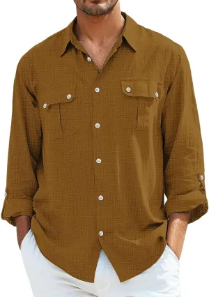Men's Cotton Linen Shirts Retro Multi-Pockets Lapel Long Sleeve Workwear Breathable Quick Dry Summer Tropical Tops