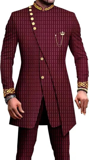 Men's Double Breasted Slim Fit Embroidery Suits African Chain Decorate Ethnic Suits Slim Fit Blazer Pants Outfits