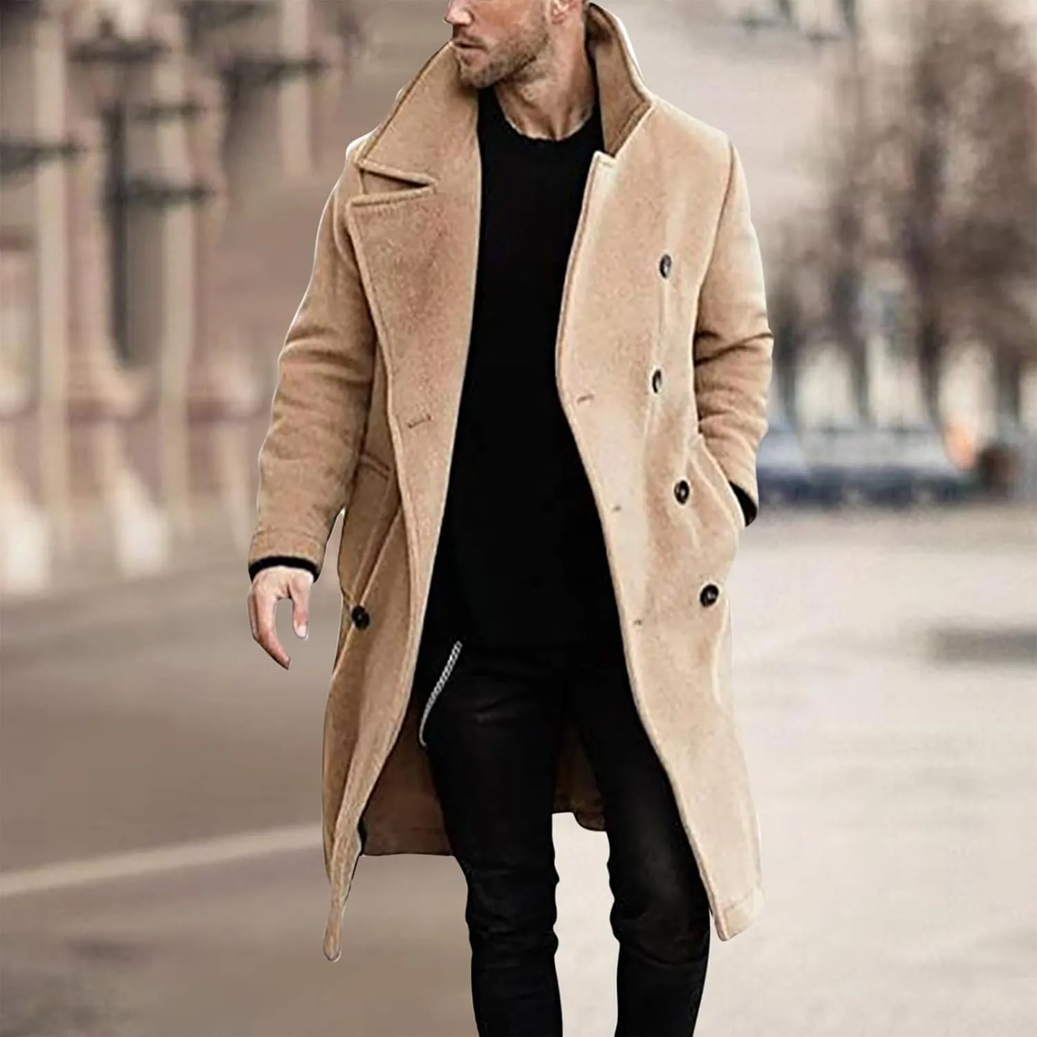 Mens Double Breasted Trench Coat Mid Length Wool Coat Long Sleeve Lapel Coat Casual Open Front Cardigan with Pocket