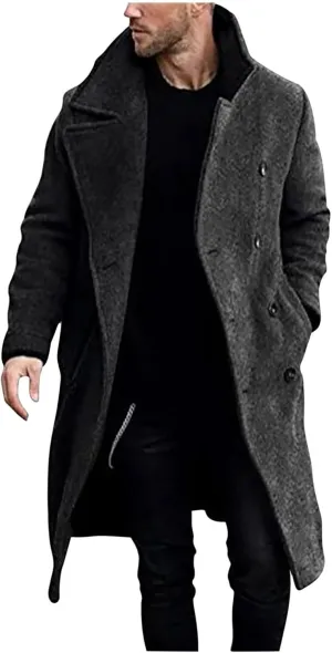 Mens Double Breasted Trench Coat Mid Length Wool Coat Long Sleeve Lapel Coat Casual Open Front Cardigan with Pocket