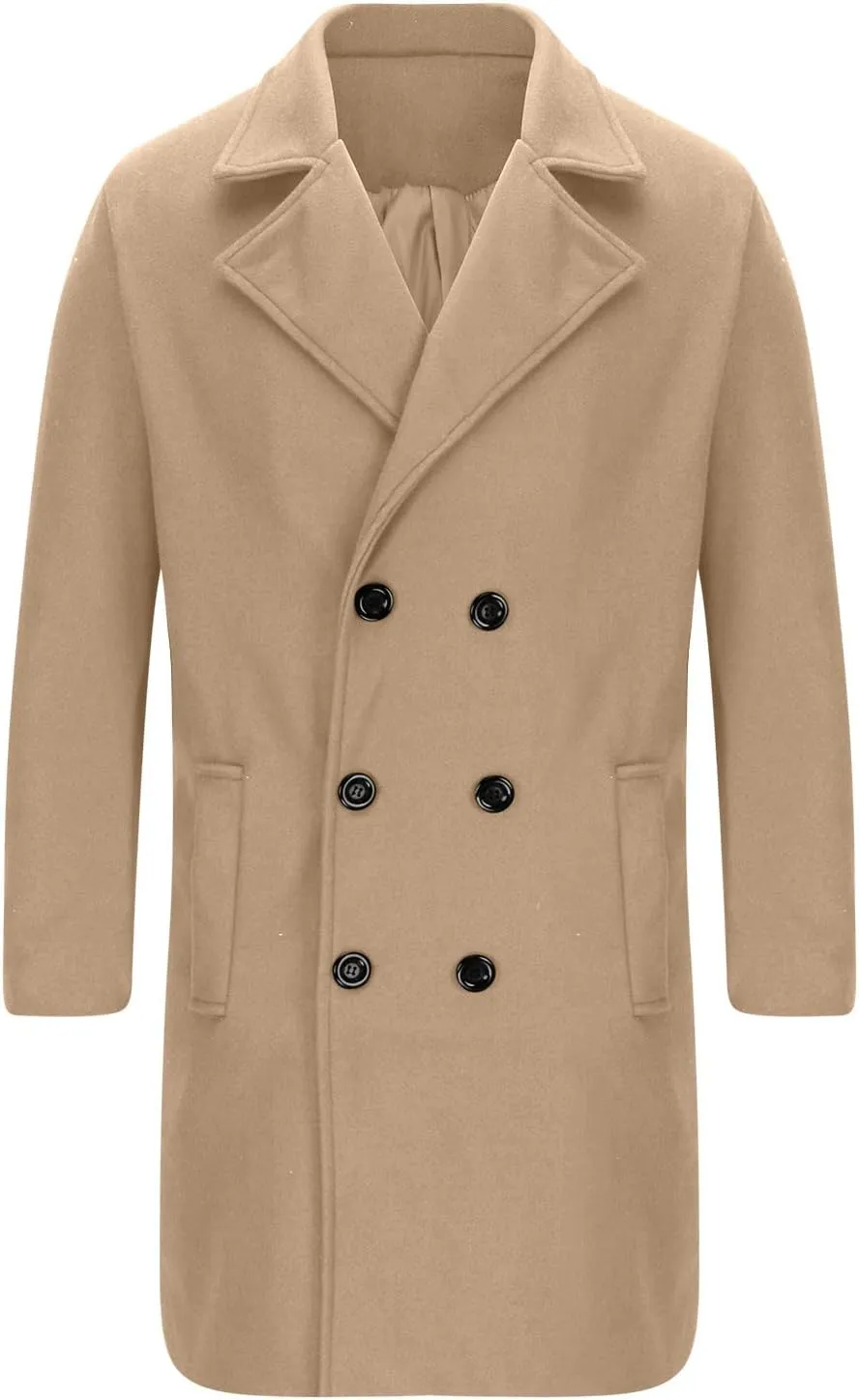 Mens Double Breasted Trench Coat Mid Length Wool Coat Long Sleeve Lapel Coat Casual Open Front Cardigan with Pocket
