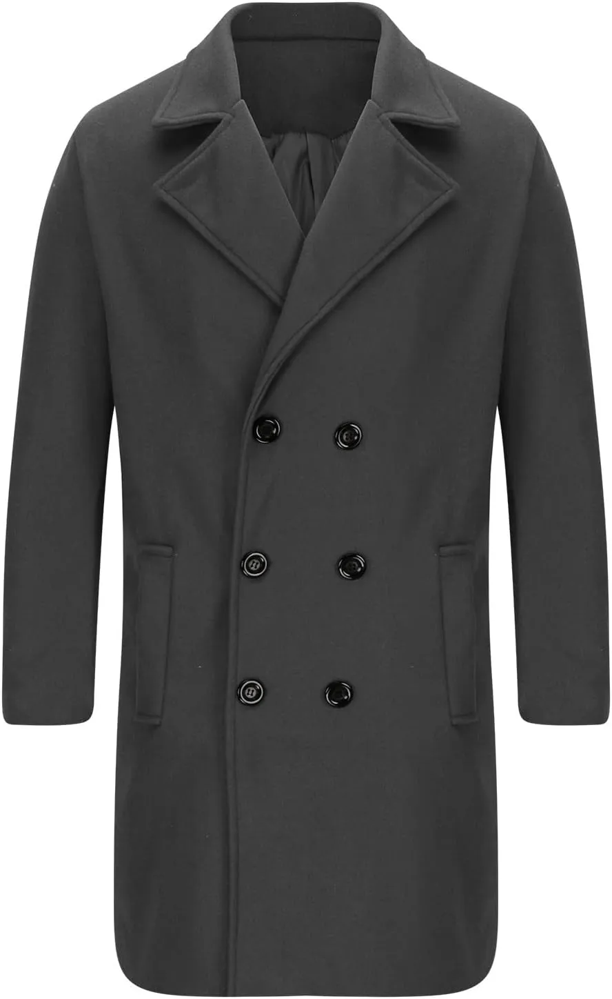 Mens Double Breasted Trench Coat Mid Length Wool Coat Long Sleeve Lapel Coat Casual Open Front Cardigan with Pocket