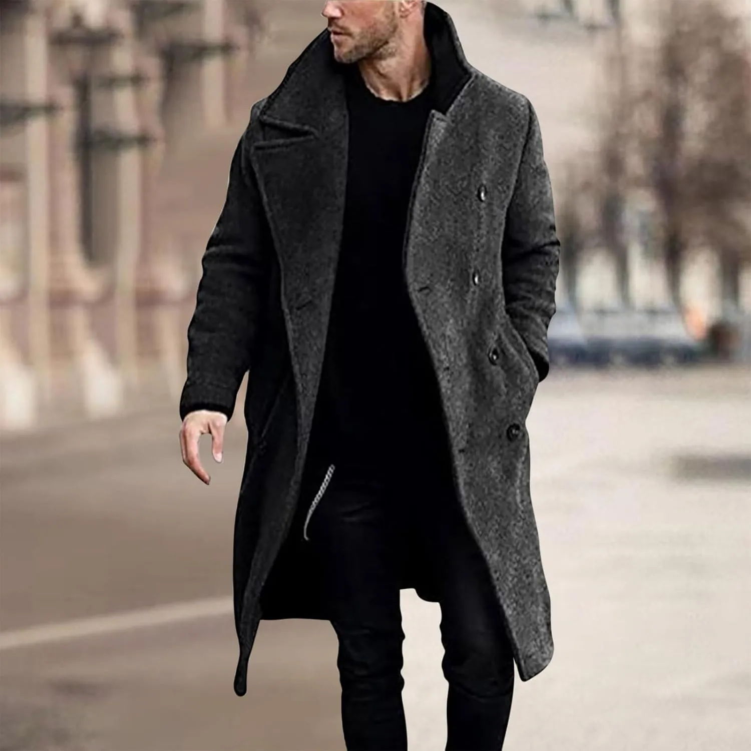 Mens Double Breasted Trench Coat Mid Length Wool Coat Long Sleeve Lapel Coat Casual Open Front Cardigan with Pocket