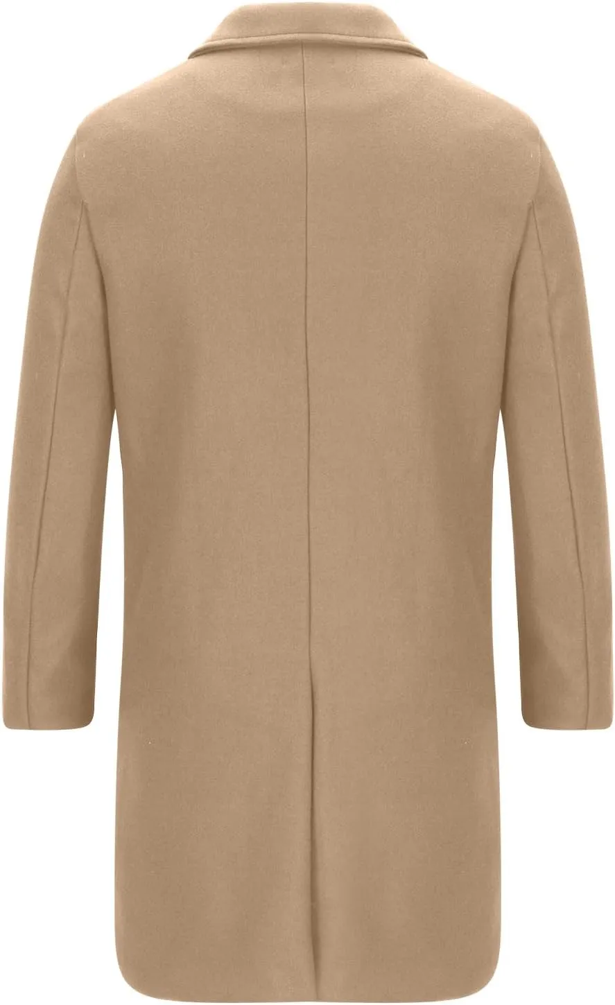 Mens Double Breasted Trench Coat Mid Length Wool Coat Long Sleeve Lapel Coat Casual Open Front Cardigan with Pocket