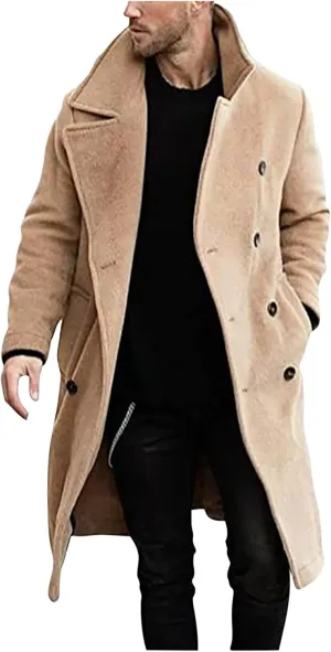 Mens Double Breasted Trench Coat Mid Length Wool Coat Long Sleeve Lapel Coat Casual Open Front Cardigan with Pocket