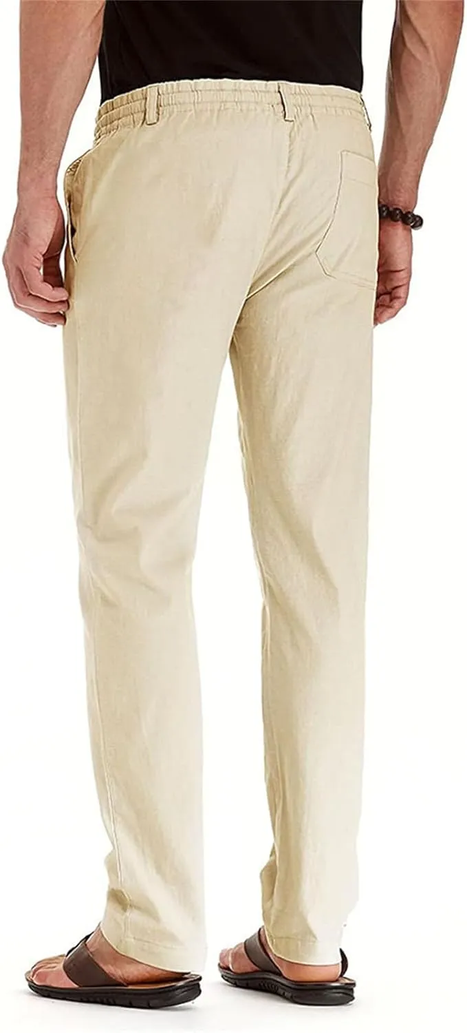 Men's Elastic Drawstring Waist Linen Pants Casual Lightweight Straight Leg Loose Fit Trousers for Beach Yoga Fall Wear