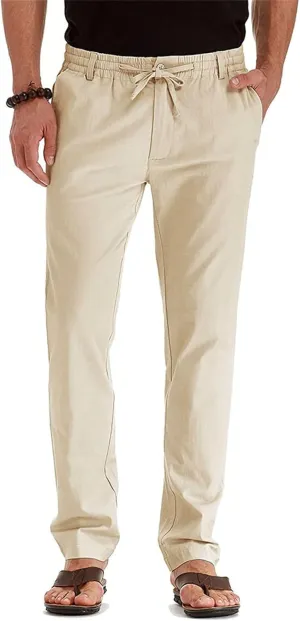 Men's Elastic Drawstring Waist Linen Pants Casual Lightweight Straight Leg Loose Fit Trousers for Beach Yoga Fall Wear