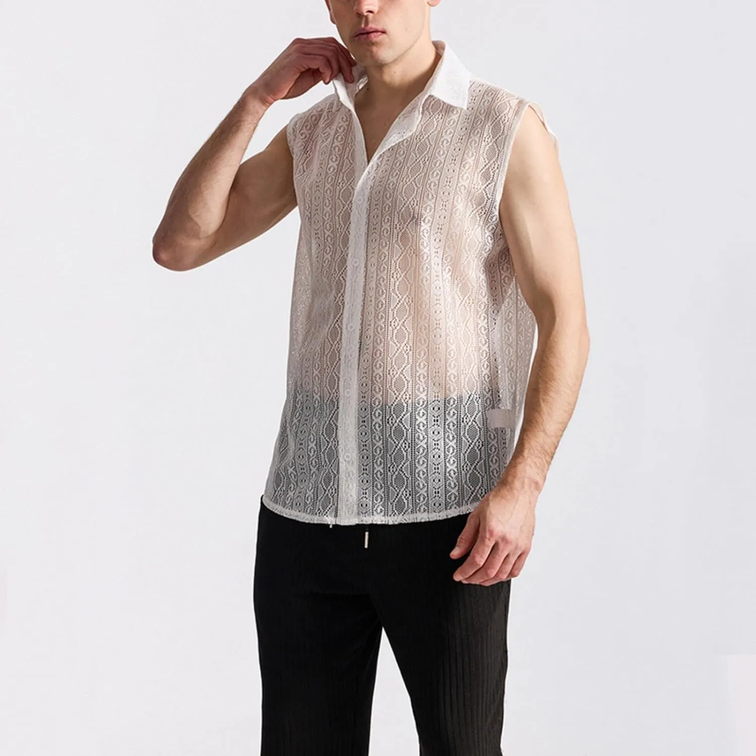 Mens Floral Lace Shirt Sleeveless Hollow Out Sheer Moisture Wicking Top See Through Casual Button Down Shirts 2025 Summer