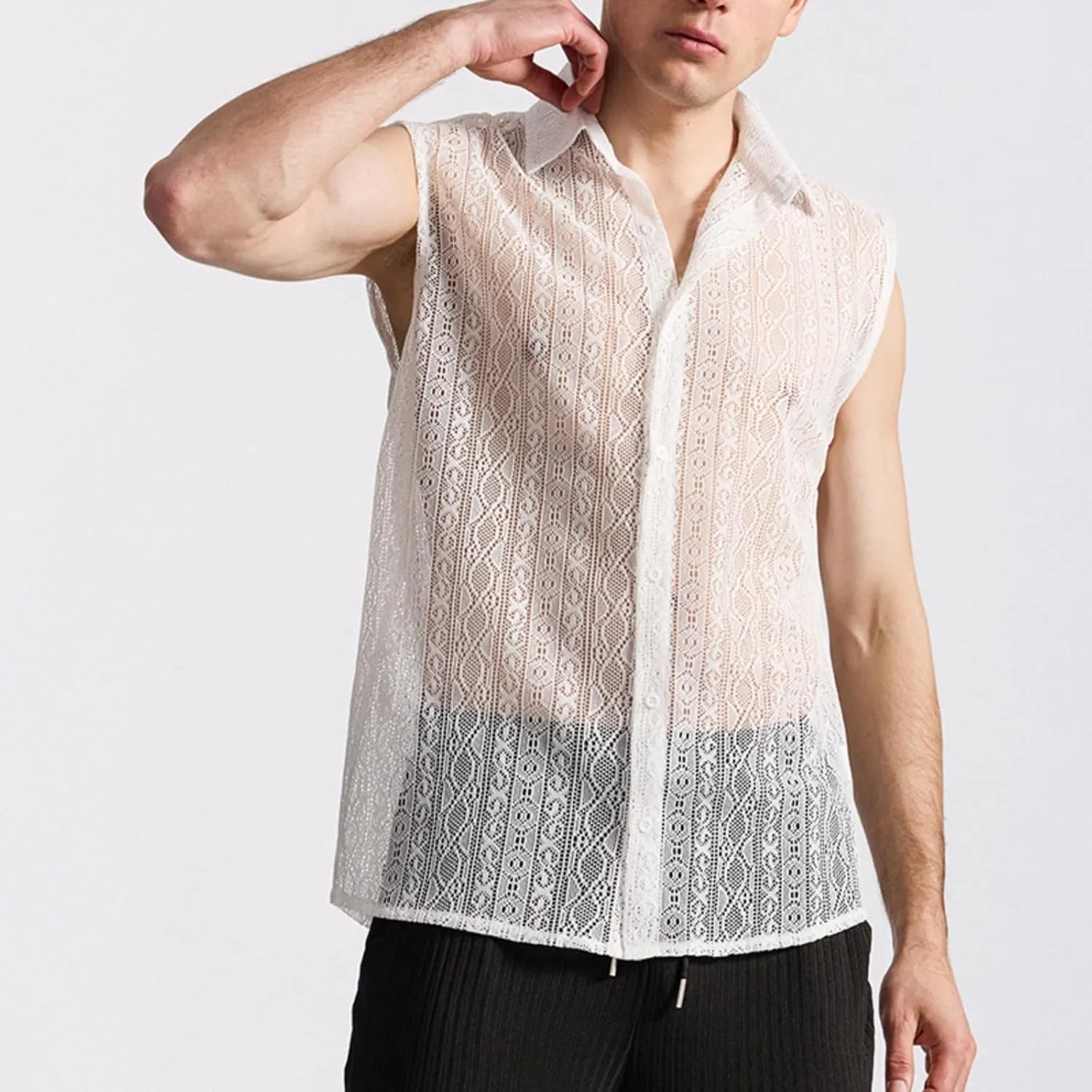Mens Floral Lace Shirt Sleeveless Hollow Out Sheer Moisture Wicking Top See Through Casual Button Down Shirts 2025 Summer