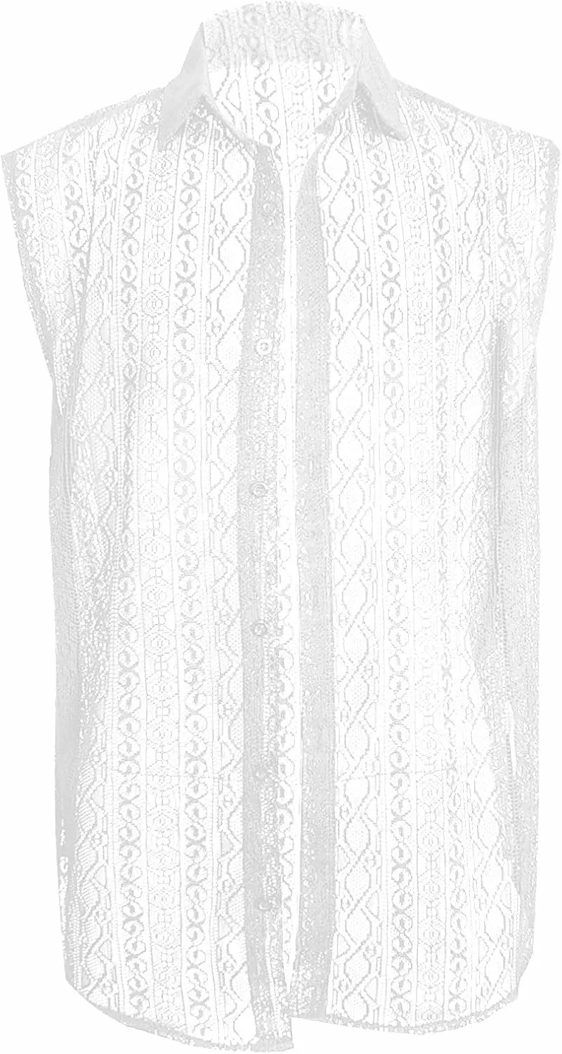 Mens Floral Lace Shirt Sleeveless Hollow Out Sheer Moisture Wicking Top See Through Casual Button Down Shirts 2025 Summer
