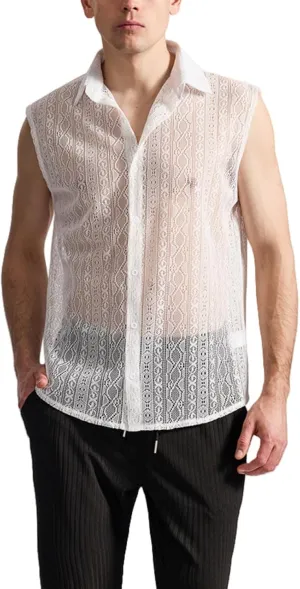 Mens Floral Lace Shirt Sleeveless Hollow Out Sheer Moisture Wicking Top See Through Casual Button Down Shirts 2025 Summer