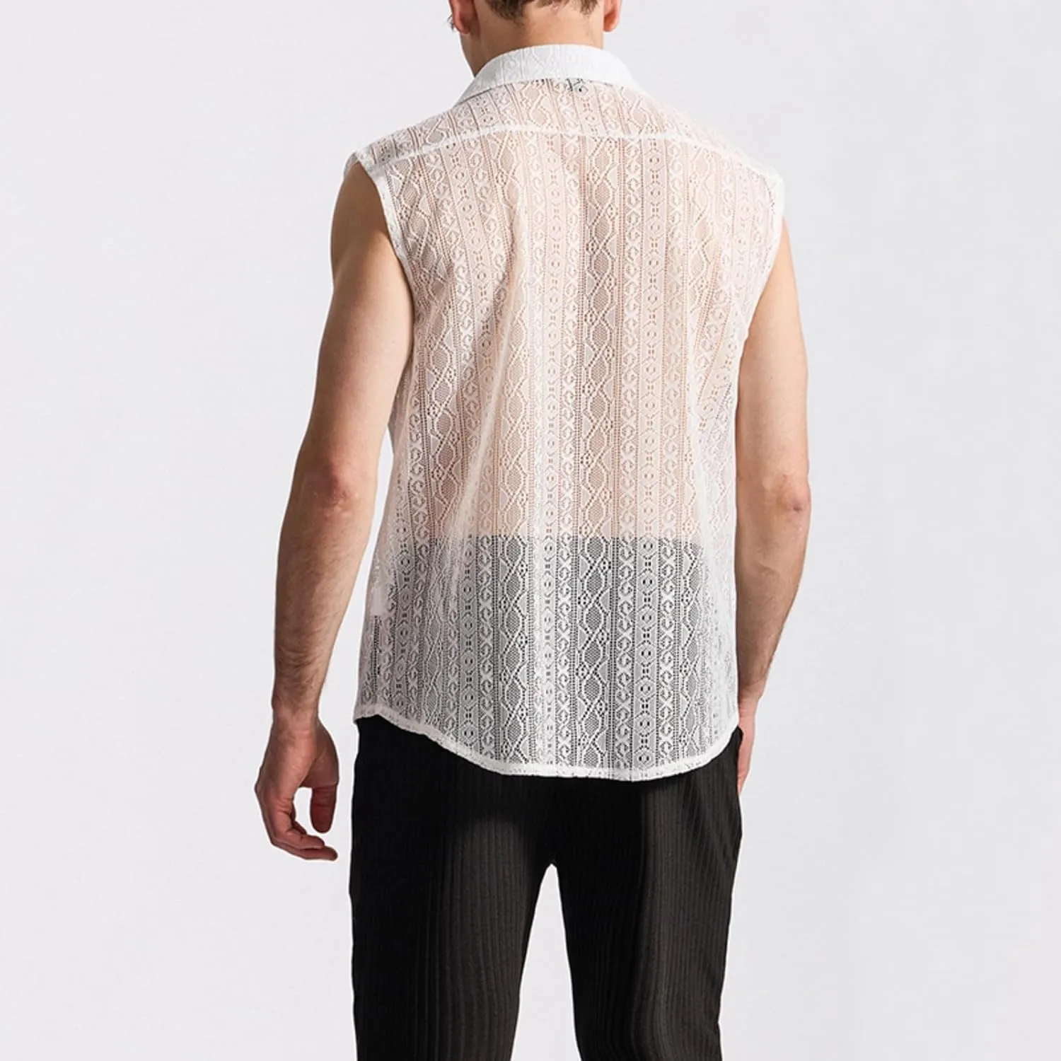 Mens Floral Lace Shirt Sleeveless Hollow Out Sheer Moisture Wicking Top See Through Casual Button Down Shirts 2025 Summer