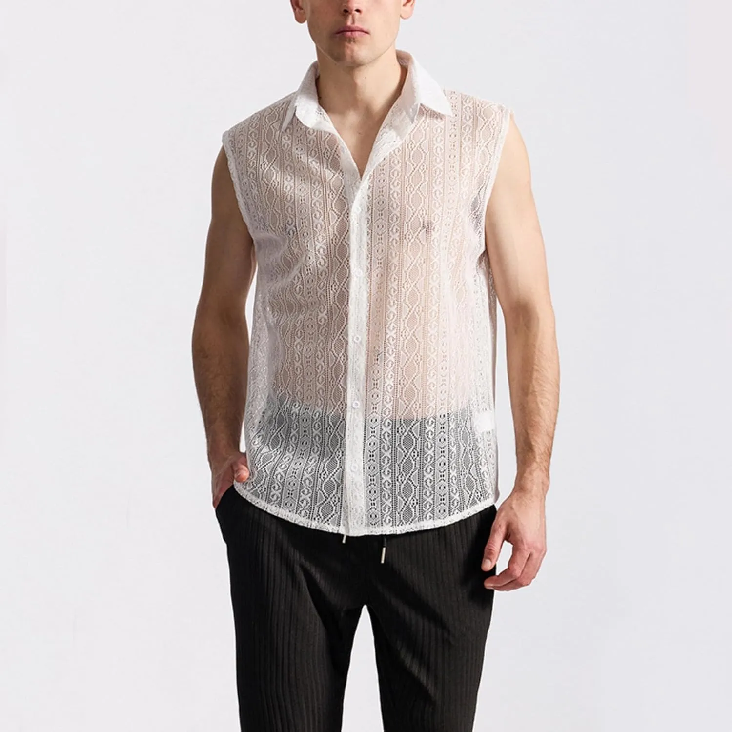 Mens Floral Lace Shirt Sleeveless Hollow Out Sheer Moisture Wicking Top See Through Casual Button Down Shirts 2025 Summer