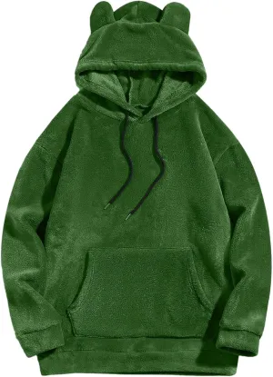 Mens Fuzzy Soft Hoodies Solid Color Homewear Coral Fleece Sweatshirts Winter Warm Funny Bear Ears Pullover Long Sleeve