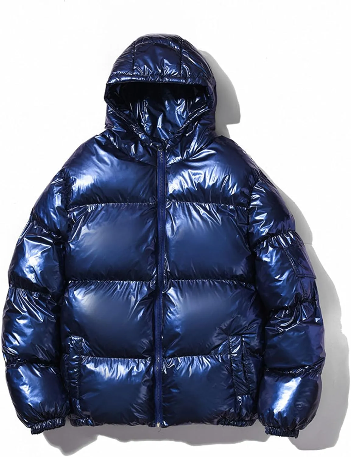 Mens Glossy Puffer Jacket Shiny Down Jacket Hooded Quilted Insulated Jacket Zip up Padded Coat Warm Winter Coats