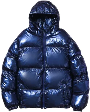 Mens Glossy Puffer Jacket Shiny Down Jacket Hooded Quilted Insulated Jacket Zip up Padded Coat Warm Winter Coats