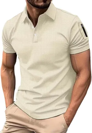 Men's Golf Polo Shirts Stylish Striped Texture Short Sleeve Smart Dress T-Shirt Athletic Polos Casual Collared Shirt