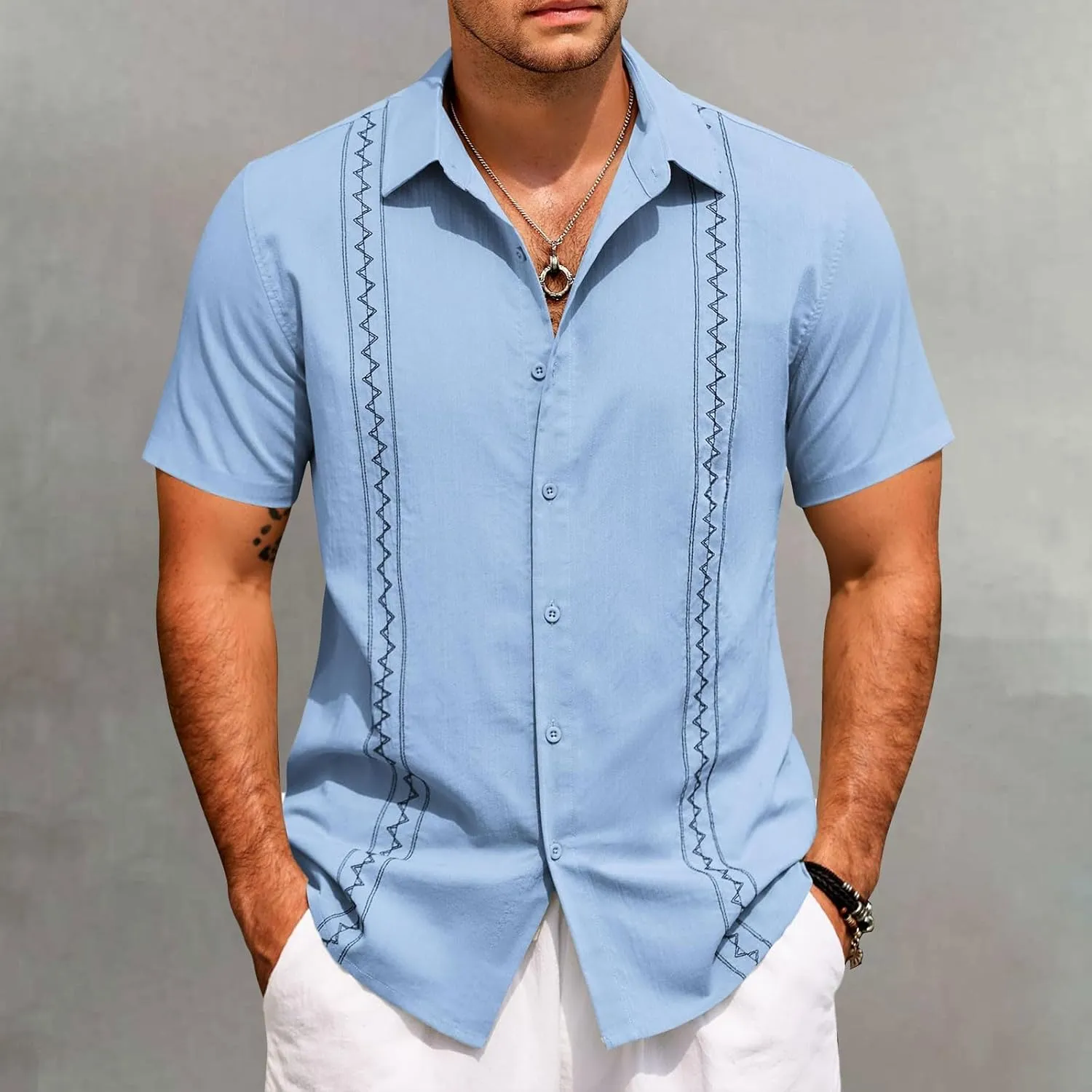 Men's Hawaiian Vacation Shirt Fashion Short Sleeve Button Down T-Shirts Casual Summer Beach Plain Linen Yoga Shirts