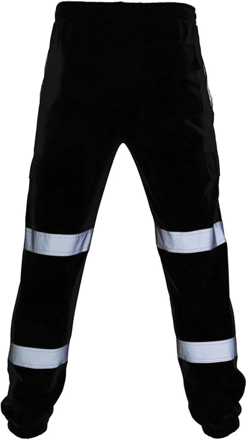 Mens High Visibility Work Cargo Pants Drawstring Casual Pockets Safe Reflective Construction Elastic Waist Trousers