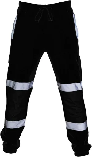 Mens High Visibility Work Cargo Pants Drawstring Casual Pockets Safe Reflective Construction Elastic Waist Trousers