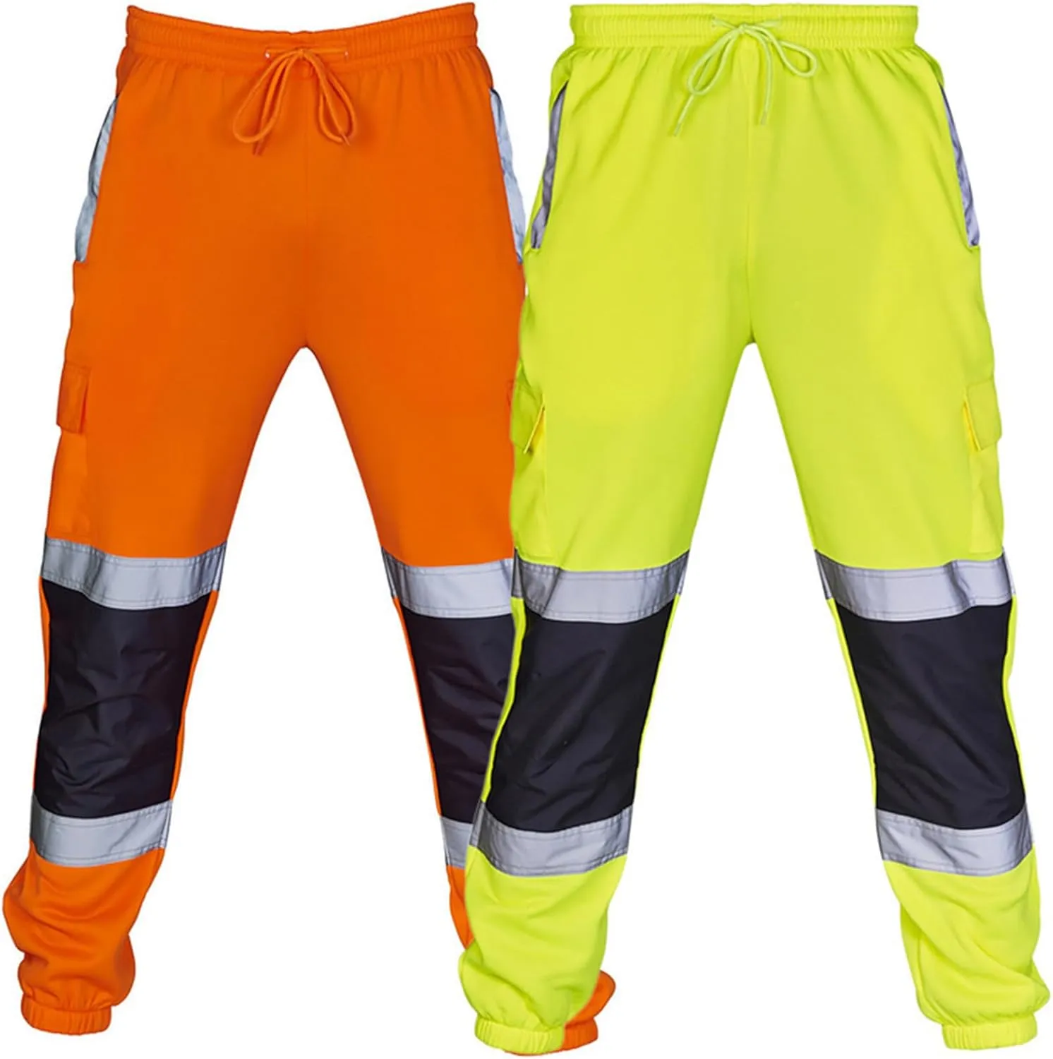 Mens High Visibility Work Cargo Pants Drawstring Casual Pockets Safe Reflective Construction Elastic Waist Trousers