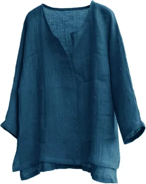 Mens Linen Henley Shirt Breathable 3/4 Sleeve T Shirts Pullover V Neck Loose Summer Casual Top Lightweight Quick Dry