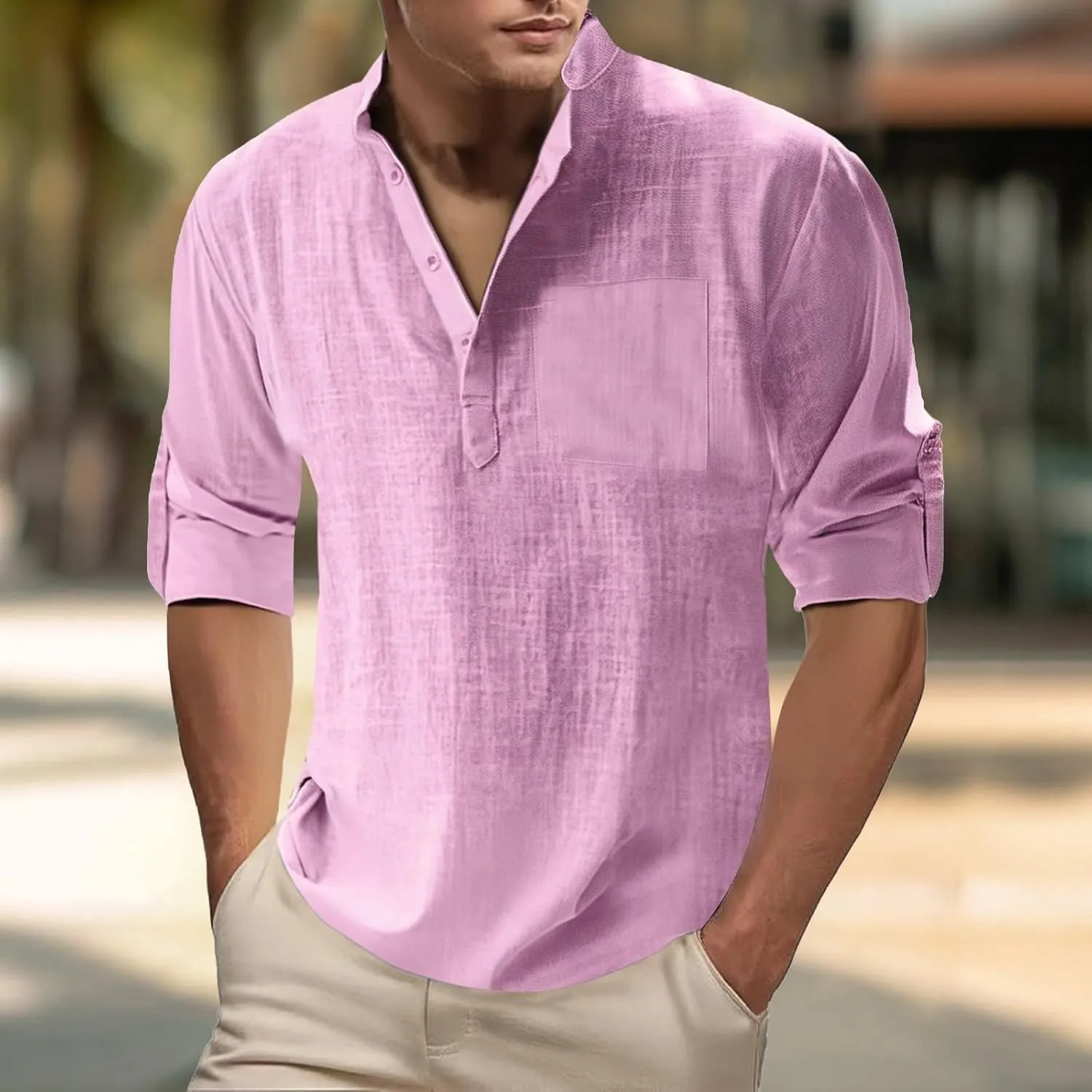 Men's Linen Henley Shirts Casual Cotton 3/4 Sleeve Regular-Fit Summer T-Shirt Breathable Quick Dry Hippie Beach Shirt