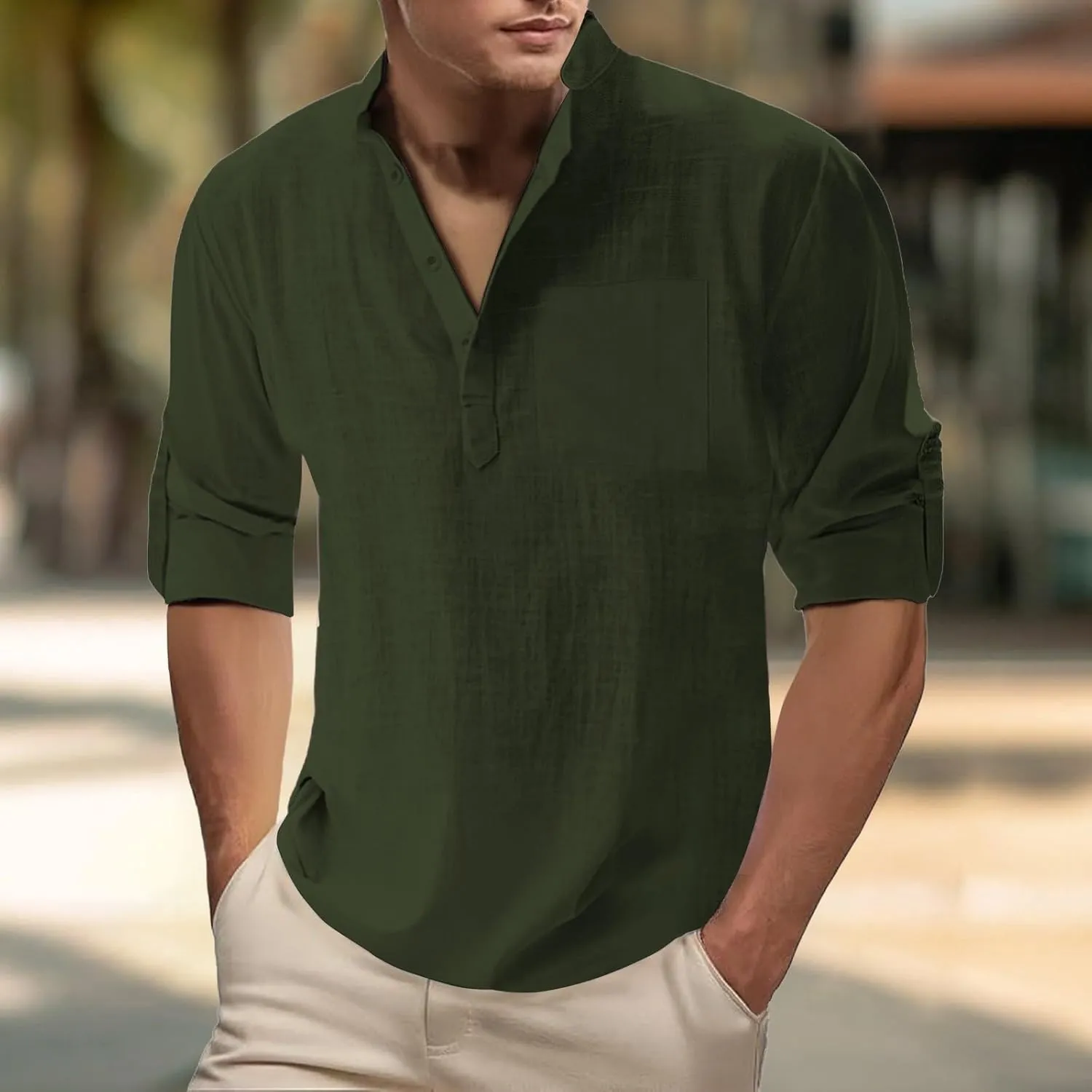 Men's Linen Henley Shirts Casual Cotton 3/4 Sleeve Regular-Fit Summer T-Shirt Breathable Quick Dry Hippie Beach Shirt