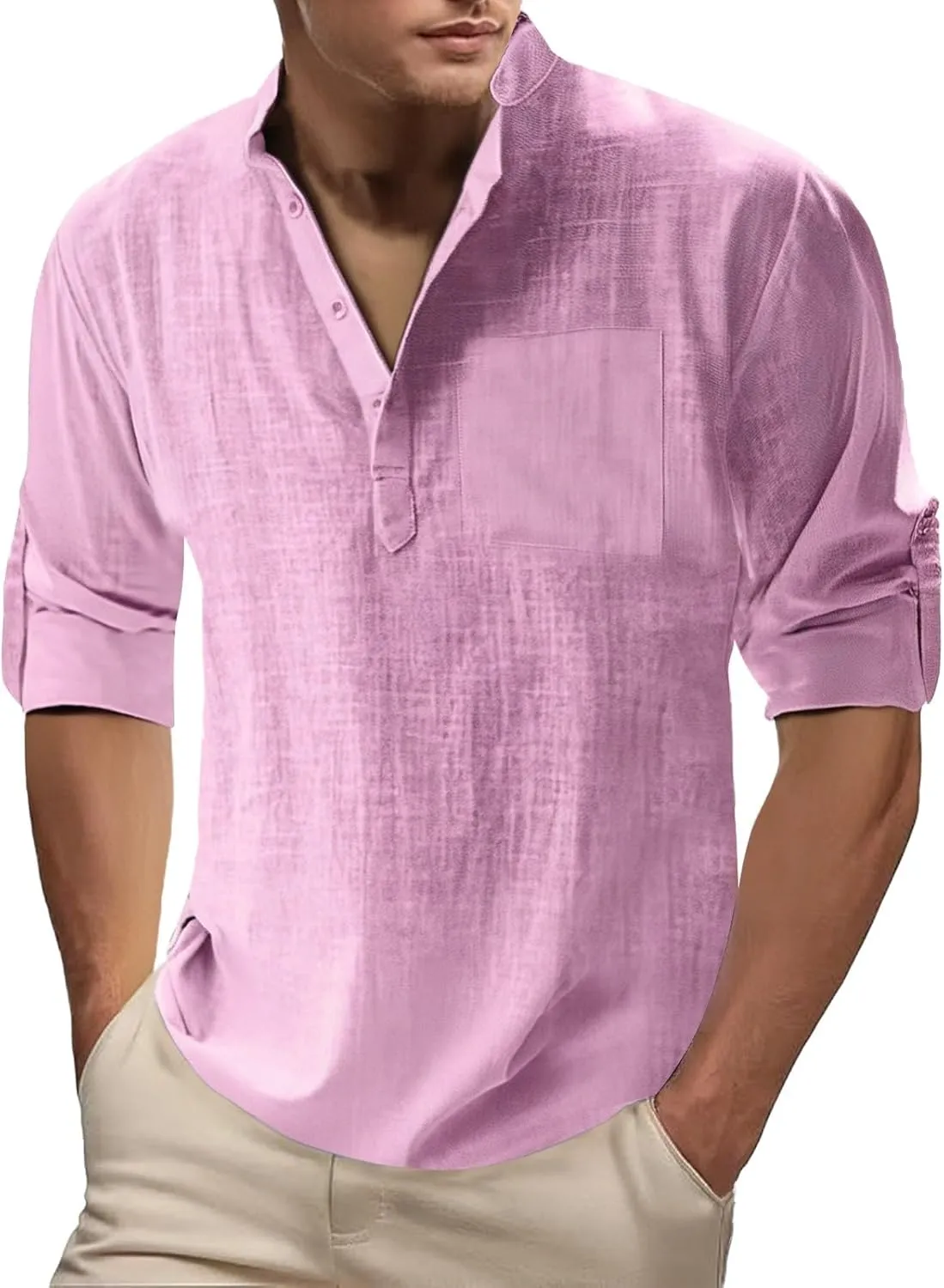 Men's Linen Henley Shirts Casual Cotton 3/4 Sleeve Regular-Fit Summer T-Shirt Breathable Quick Dry Hippie Beach Shirt