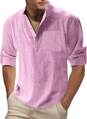 Men's Linen Henley Shirts Casual Cotton 3/4 Sleeve Regular-Fit Summer T-Shirt Breathable Quick Dry Hippie Beach Shirt