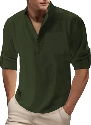 Men's Linen Henley Shirts Casual Cotton 3/4 Sleeve Regular-Fit Summer T-Shirt Breathable Quick Dry Hippie Beach Shirt