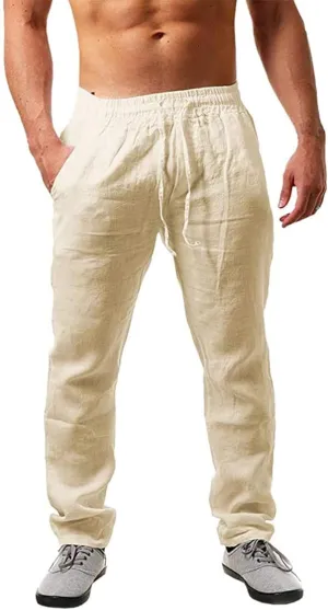 Men's Linen Pants Lightweight Breathable Loose Fit Elastic Drawstring Waist Quick Dry for Yoga Beach Casual Wear